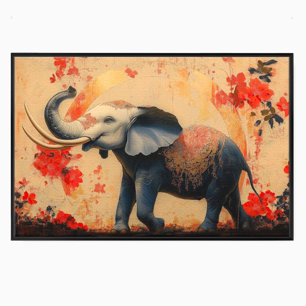 Tablou canvas cu tablou canvas cu elefant albastru, in rama de aluminiu negru